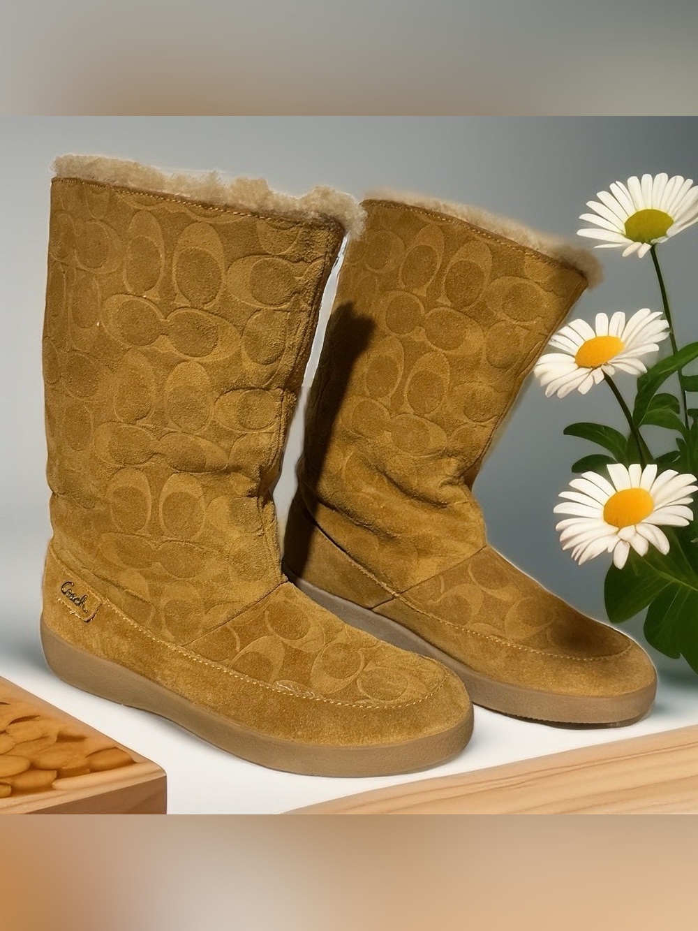 EUC Coach Suede Sherpa Lined Boots in Camel